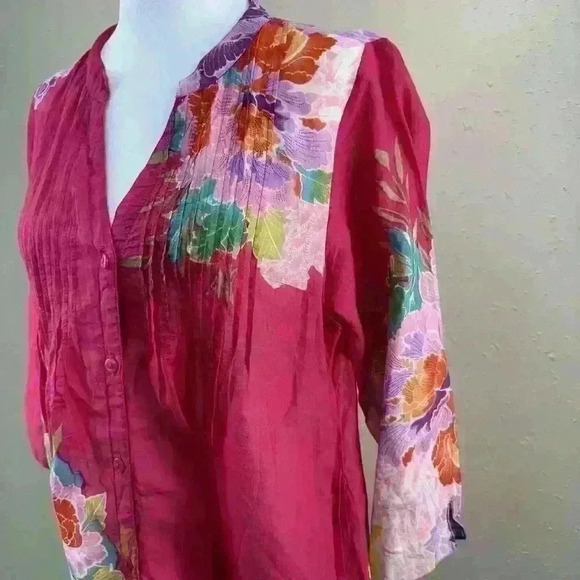 Sundance Tunic Top Floral Hot Pink  Blouse 3/4 Sleeve Spring/Sumer Sz S   TC#1 - Picture 5 of 8